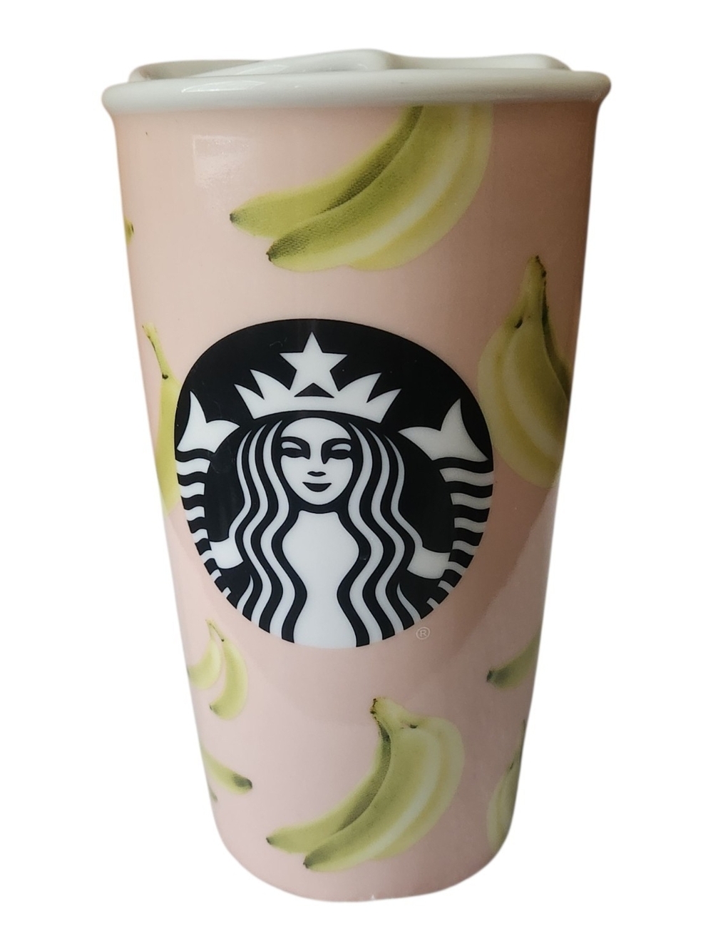 Starbucks 2015 Pink Banana Themed Ceramic Tumbler- 12oz Travel Mug w/ Lid